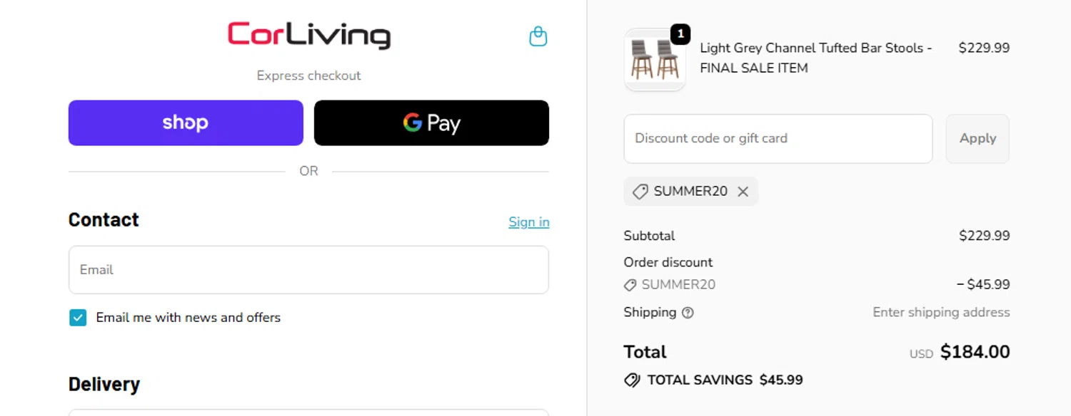 CorLiving discount code screenshot showing code SUMMER20 applied at CorLiving checkout page. Uploaded by SimplyCodes community member Jhonny on Nov 3, 2025