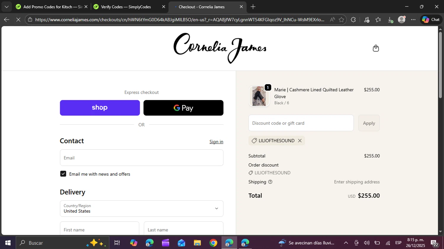 Cornelia James checkout page showing Cornelia James discount code box | Screenshot taken by SimplyCodes community member on Dec 27, 2025