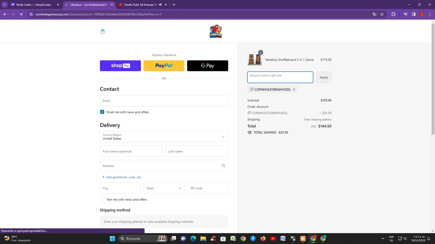 CornholegamesUSA checkout page showing CornholegamesUSA discount code box | Screenshot taken by SimplyCodes community member on Dec 19, 2023