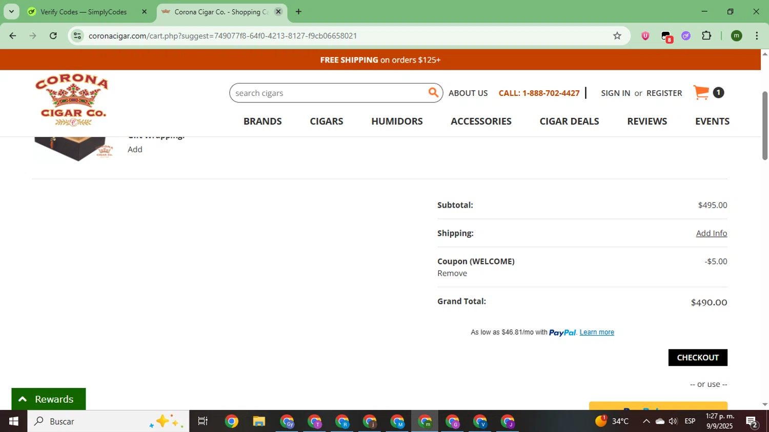 Corona Cigar coupon code screenshot showing code WELCOME applied at Corona Cigar checkout page. Uploaded by SimplyCodes community member CoinSage7057 on Sep 9, 2025