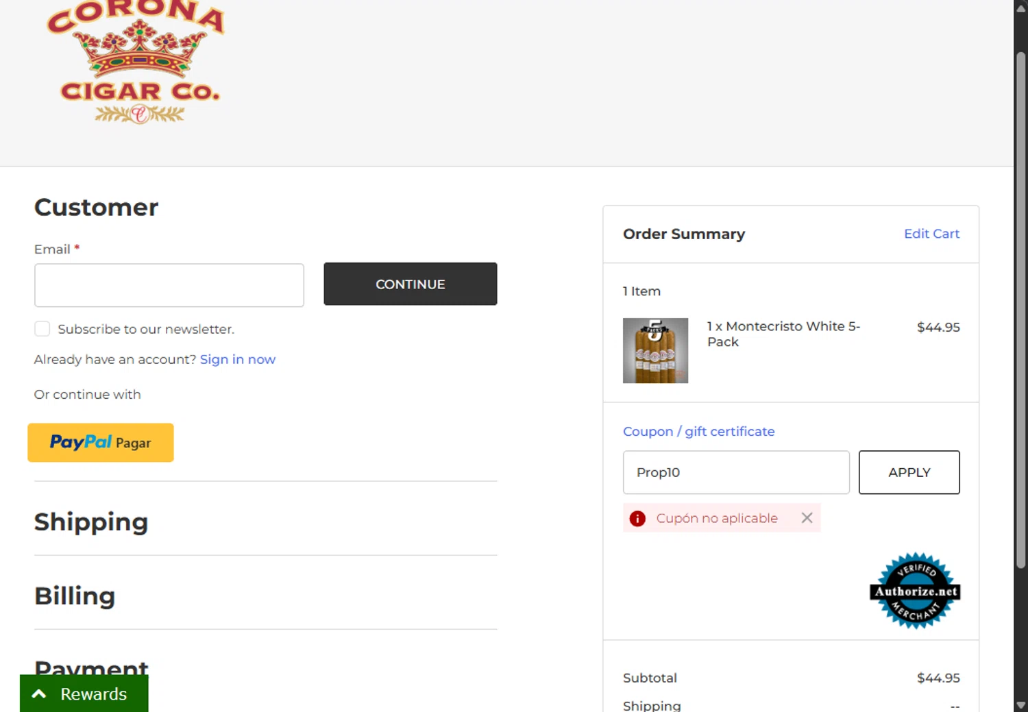 Corona Cigar checkout page showing Corona Cigar coupon code box | Screenshot taken by SimplyCodes community member on Jan 16, 2026