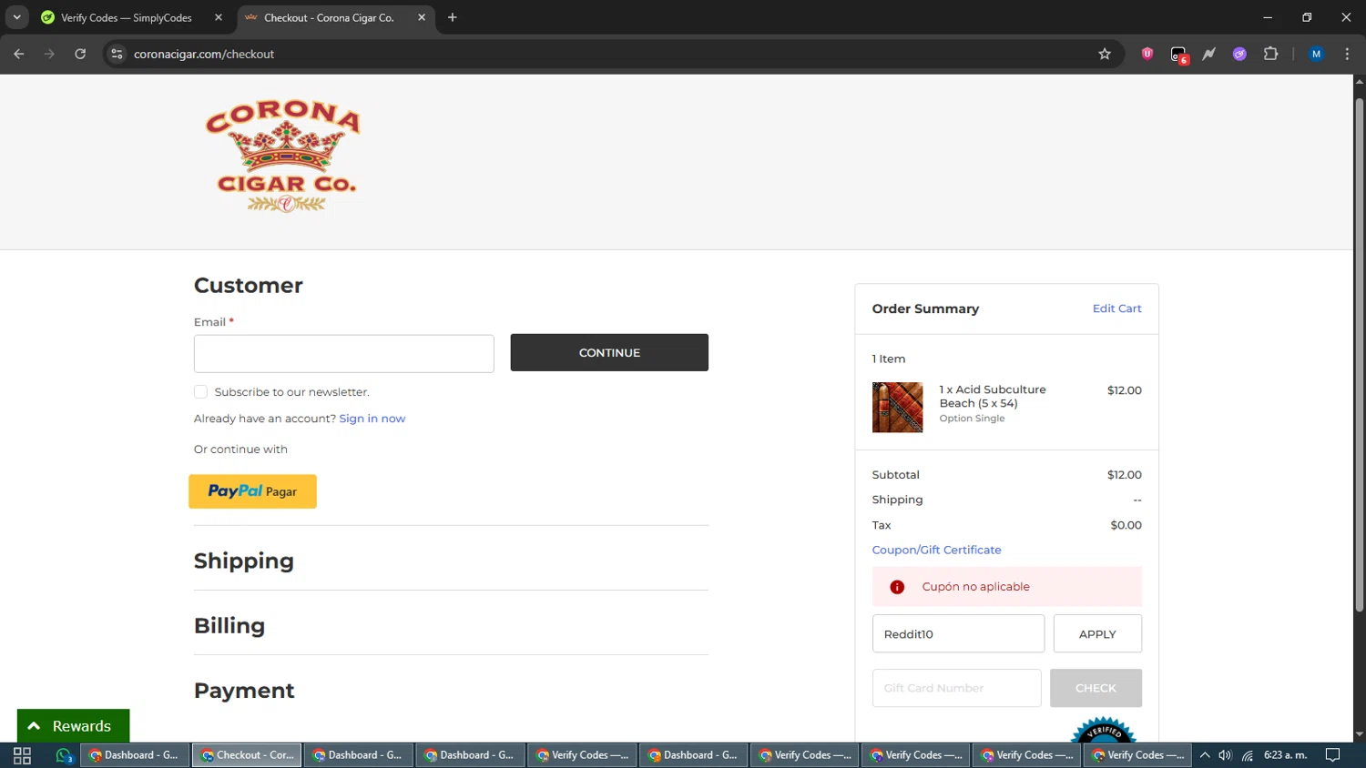 Corona Cigar coupon code screenshot showing code Reddit10 applied at Corona Cigar checkout page. Uploaded by SimplyCodes community member EpicVoyager2820 on Nov 6, 2025