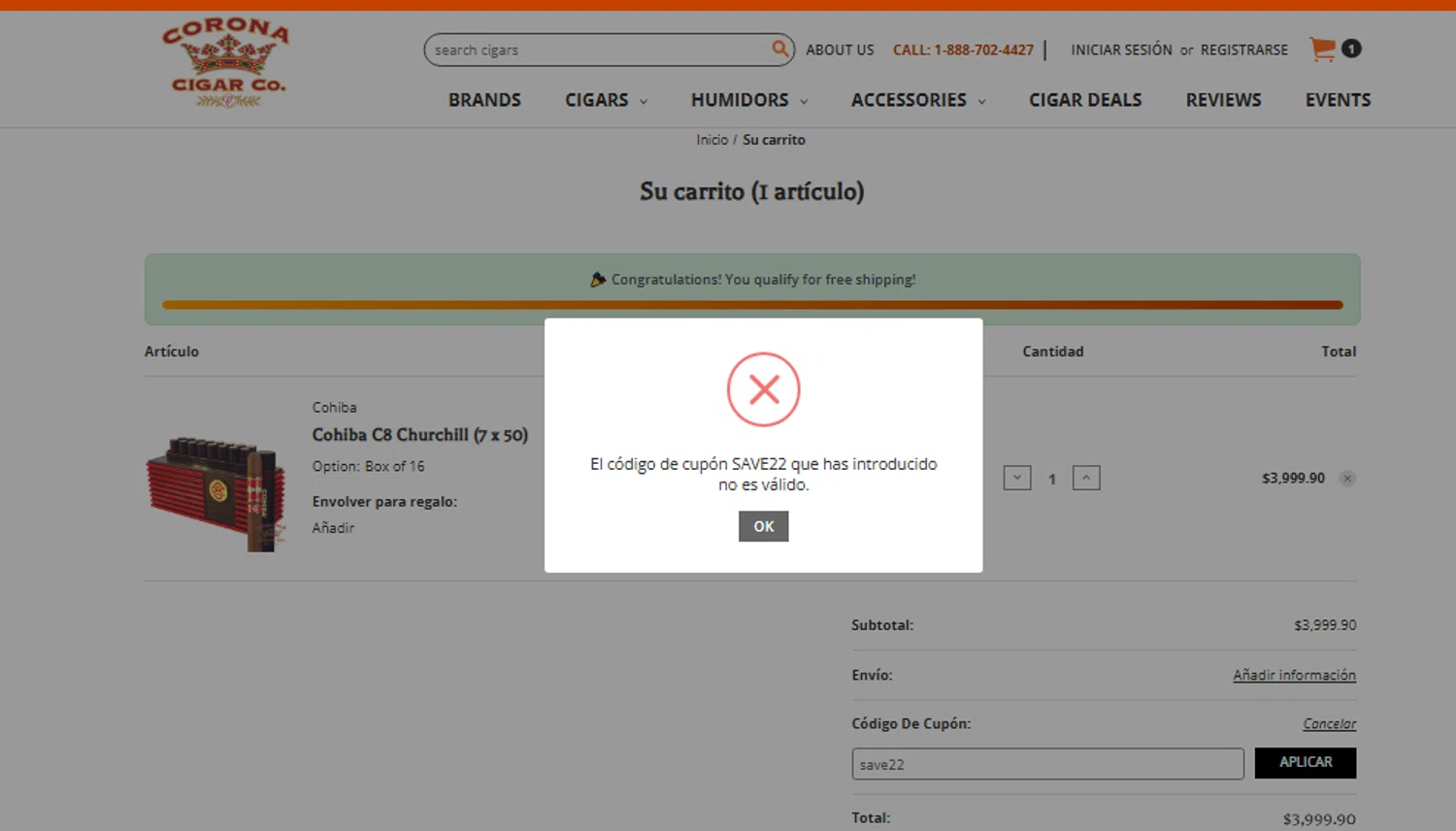 Corona Cigar coupon code screenshot showing code save22 applied at Corona Cigar checkout page. Uploaded by SimplyCodes community member CouponLion324 on Dec 7, 2025