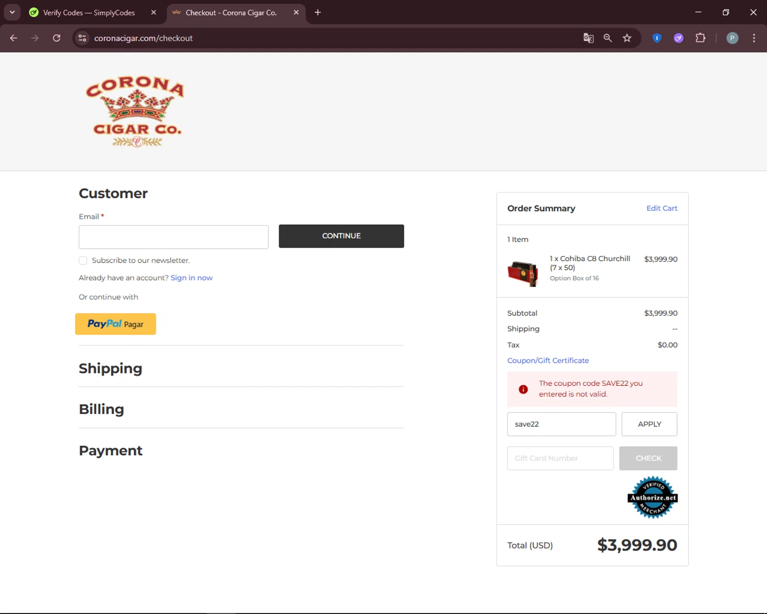 Corona Cigar coupon code screenshot showing code save22 applied at Corona Cigar checkout page. Uploaded by SimplyCodes community member DiscountEagle6247 on Dec 7, 2025