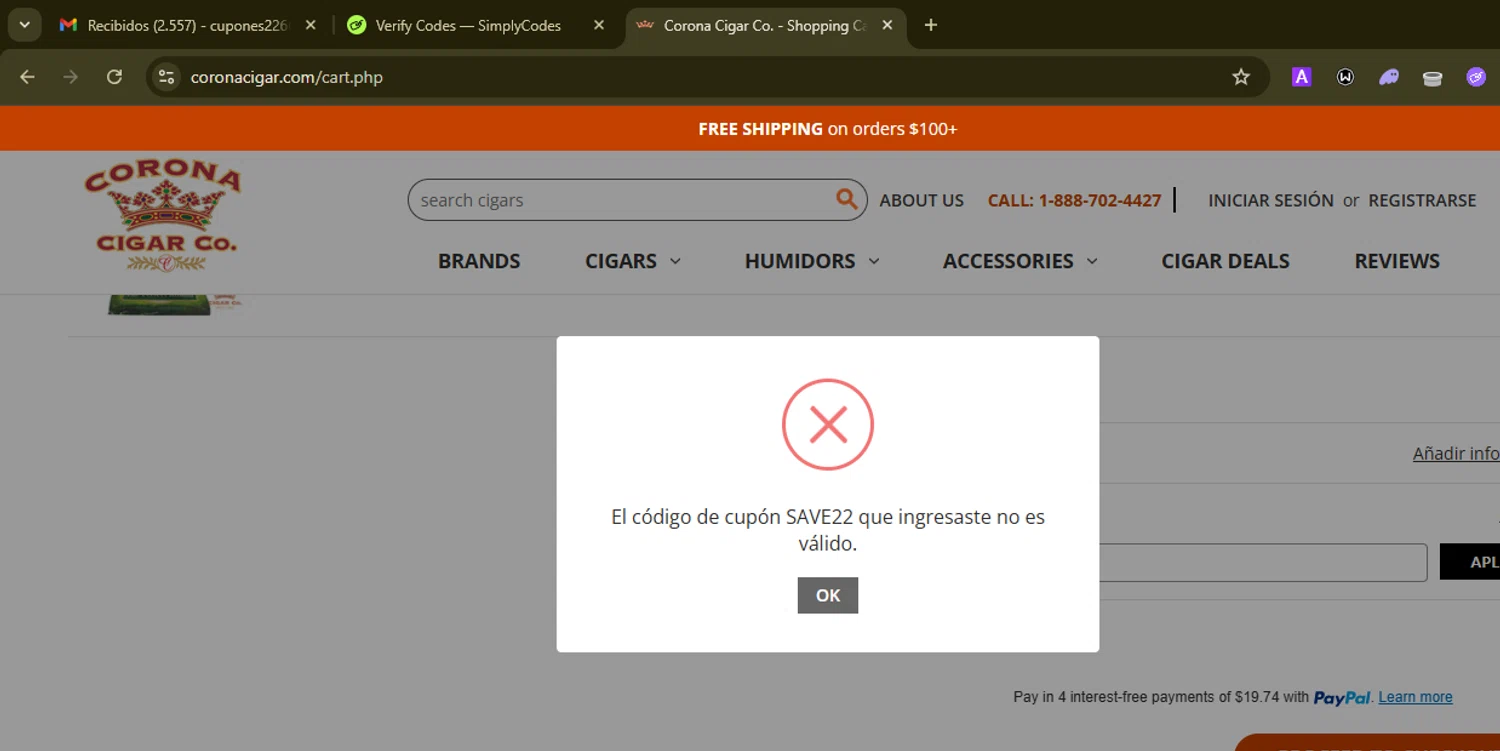 Corona Cigar coupon code screenshot showing code save22 applied at Corona Cigar checkout page. Uploaded by SimplyCodes community member SilverMonarch6357 on Dec 7, 2025