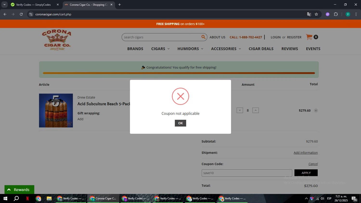 Corona Cigar coupon code screenshot showing code save10 applied at Corona Cigar checkout page. Uploaded by SimplyCodes community member FrugalCaptain6906 on Dec 26, 2025