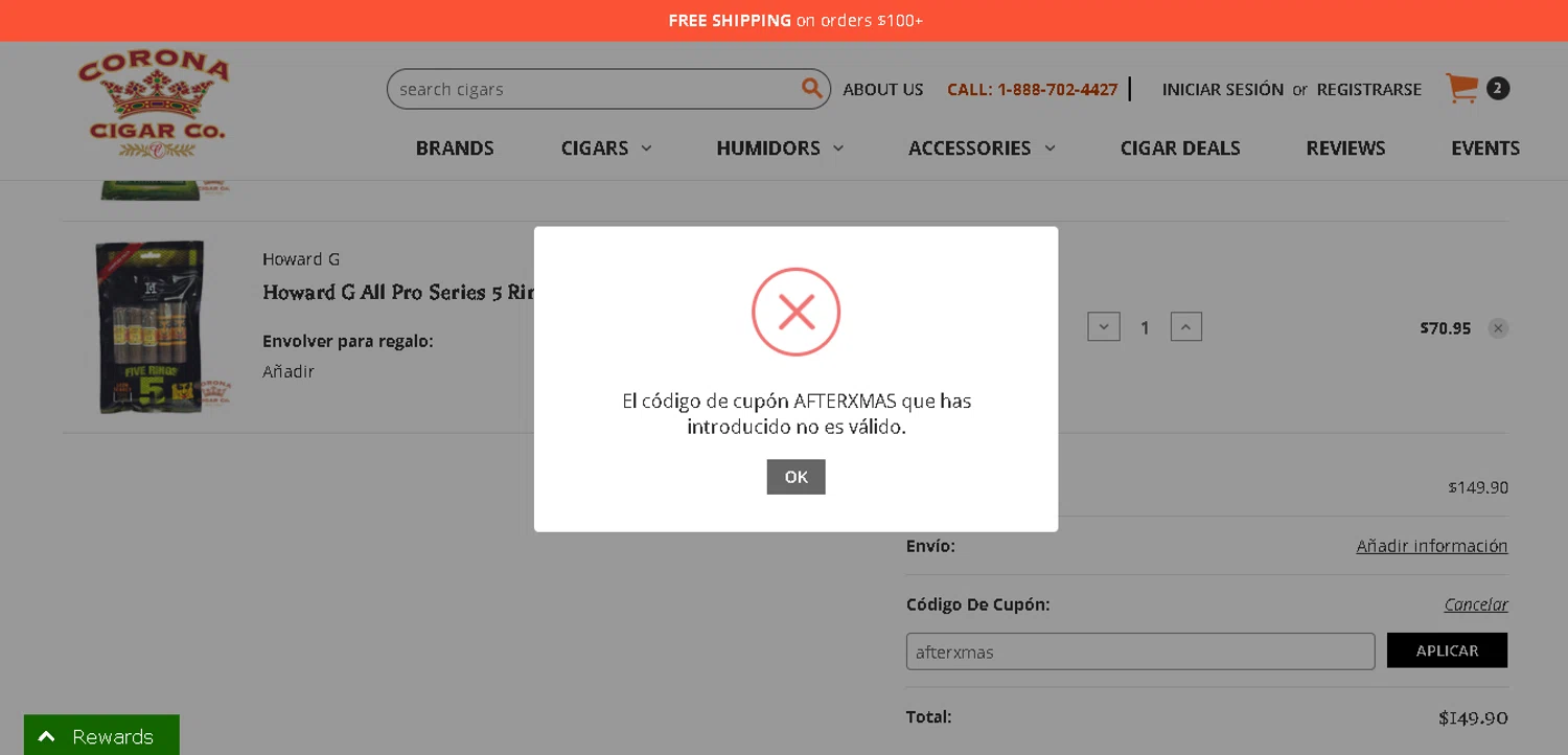 Corona Cigar coupon code screenshot showing code afterxmas applied at Corona Cigar checkout page. Uploaded by SimplyCodes community member SmartWhiz589 on Dec 29, 2025