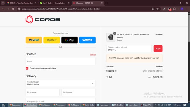 Coros checkout page showing Coros discount code box | Screenshot taken by SimplyCodes community member on Sep 4, 2025