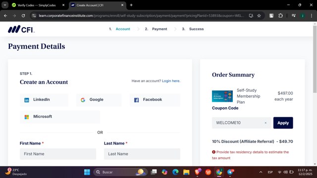 Corporate Finance Institute checkout page showing Corporate Finance Institute discount code box | Screenshot taken by SimplyCodes community member on Feb 13, 2025