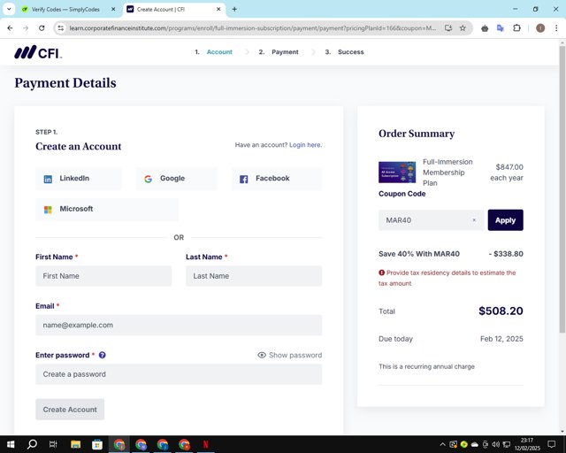 Corporate Finance Institute checkout page showing Corporate Finance Institute discount code box | Screenshot taken by SimplyCodes community member on Feb 13, 2025