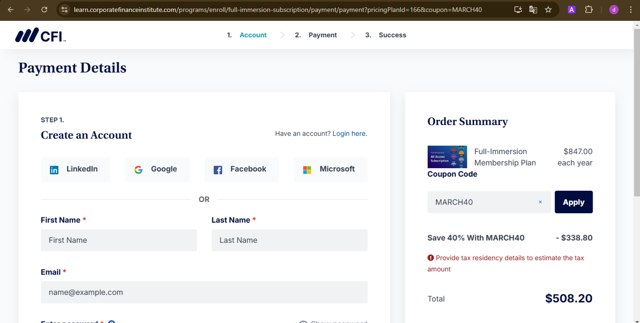 Corporate Finance Institute checkout page showing Corporate Finance Institute discount code box | Screenshot taken by SimplyCodes community member on Feb 13, 2025