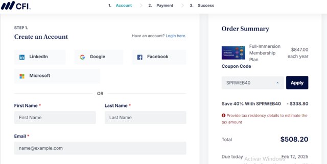 Corporate Finance Institute checkout page showing Corporate Finance Institute discount code box | Screenshot taken by SimplyCodes community member on Feb 13, 2025