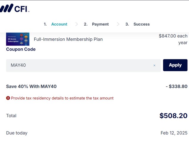 Corporate Finance Institute checkout page showing Corporate Finance Institute discount code box | Screenshot taken by SimplyCodes community member on Feb 13, 2025