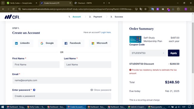 Corporate Finance Institute checkout page showing Corporate Finance Institute discount code box | Screenshot taken by SimplyCodes community member on Feb 21, 2025