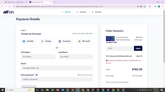 Corporate Finance Institute checkout page showing Corporate Finance Institute discount code box | Screenshot taken by SimplyCodes community member on Feb 14, 2025