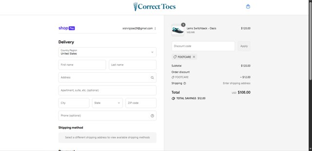 Correct Toes checkout page showing Correct Toes promo code box | Screenshot taken by SimplyCodes community member on Aug 25, 2025