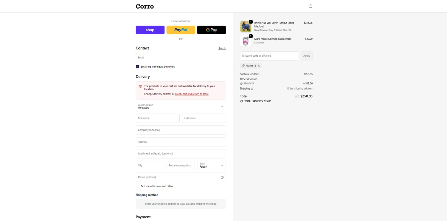 Corro promo code screenshot showing code AMMY15 applied at Corro checkout page. Uploaded by SimplyCodes community member reggiesmith on Feb 26, 2026