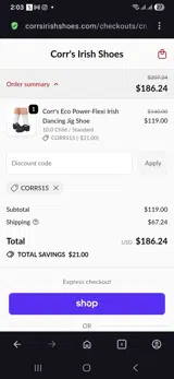 Corrs Irish Shoes coupon verification screenshot