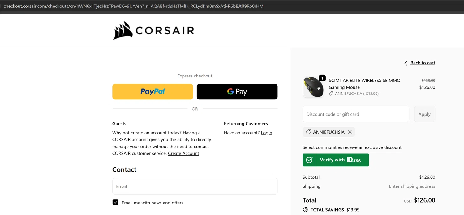 Corsair discount code screenshot showing code ANNIEFUCHSIA applied at Corsair checkout page. Uploaded by SimplyCodes community member PopomsPapa on Dec 29, 2025