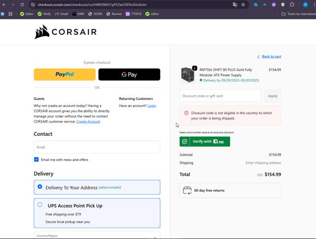 Corsair checkout page showing Corsair discount code box | Screenshot taken by SimplyCodes community member on Sep 24, 2025