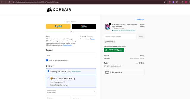 Corsair checkout page showing Corsair discount code box | Screenshot taken by SimplyCodes community member on Sep 24, 2025