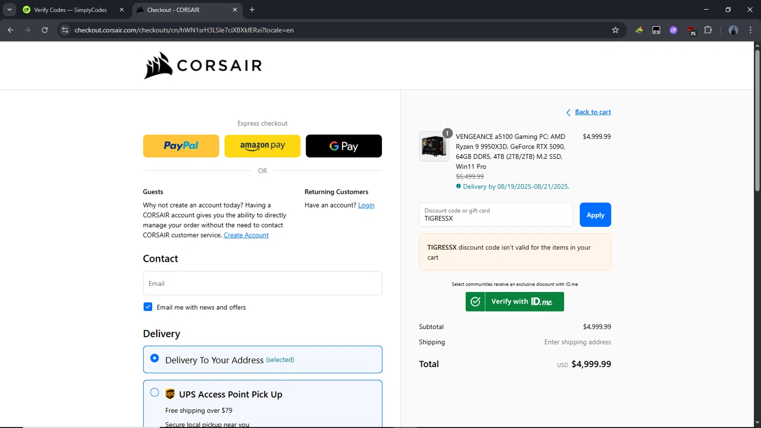 Corsair discount code screenshot showing code TIGRESSX applied at Corsair checkout page. Uploaded by SimplyCodes community member Time_sin_filtro on Aug 16, 2025