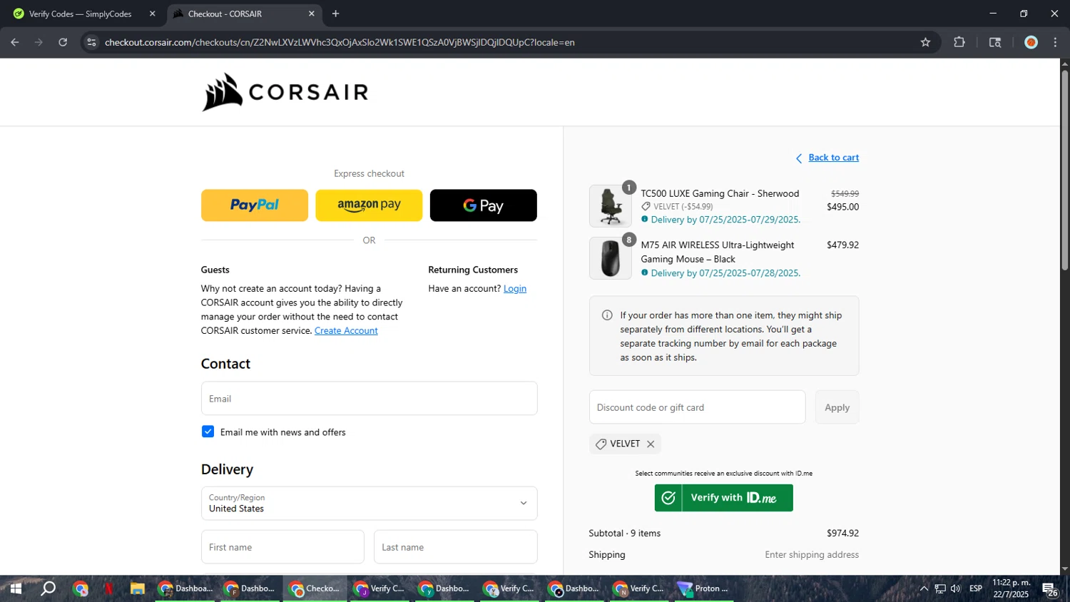Corsair discount code screenshot showing code VELVET applied at Corsair checkout page. Uploaded by SimplyCodes community member BonusCaptain9927 on Jul 23, 2025