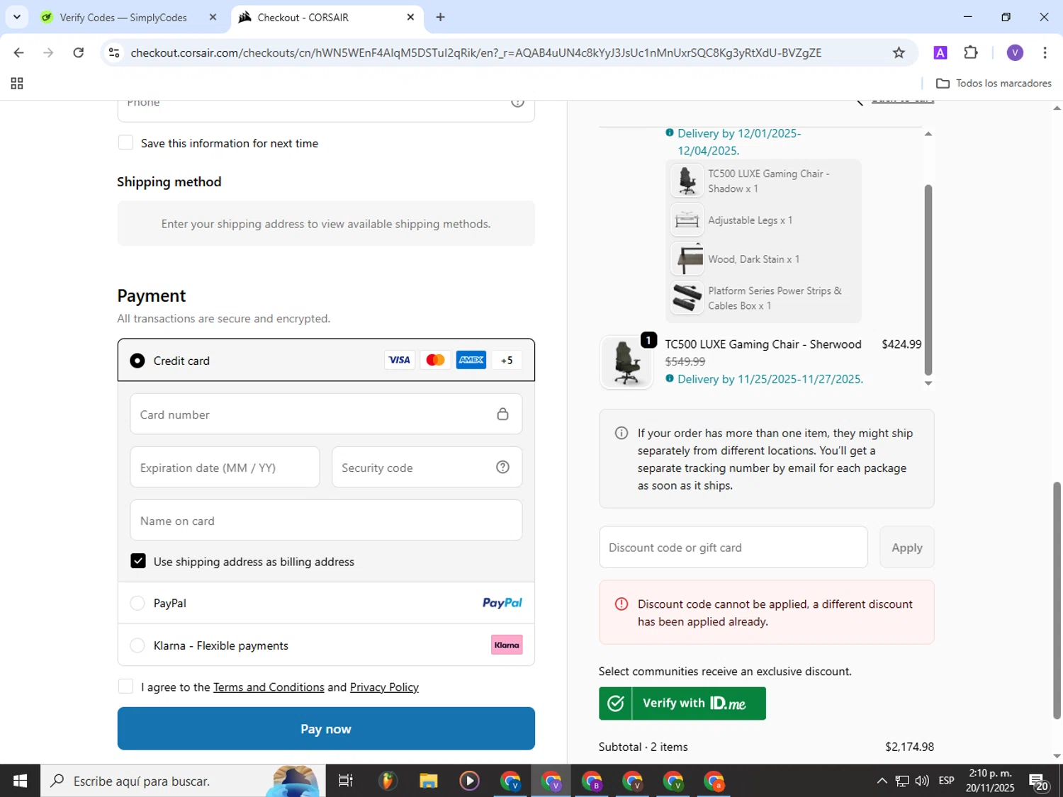 Corsair discount code screenshot showing code VELVET applied at Corsair checkout page. Uploaded by SimplyCodes community member Gianpiero on Nov 20, 2025
