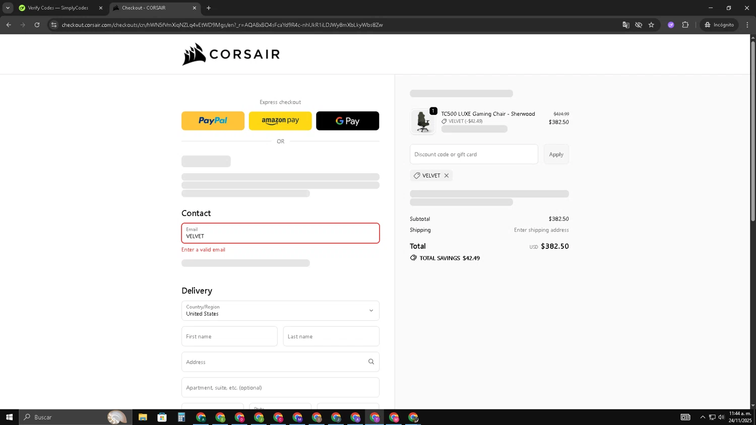 Corsair discount code screenshot showing code VELVET applied at Corsair checkout page. Uploaded by SimplyCodes community member ShrewdSleuth9497 on Nov 24, 2025