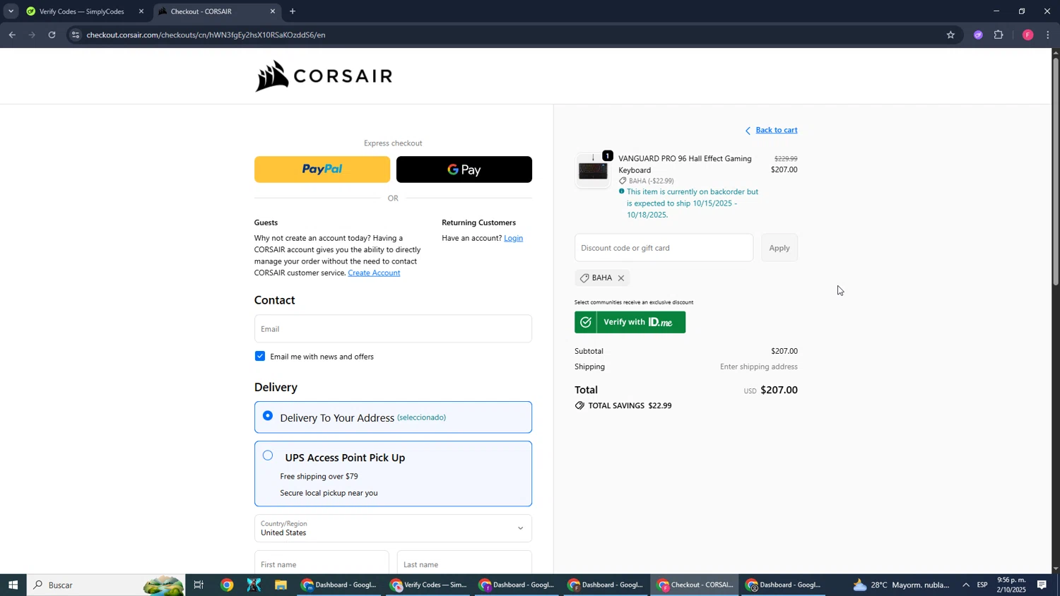 Corsair discount code screenshot showing code BAHA applied at Corsair checkout page. Uploaded by SimplyCodes community member CleverMonarch1744 on Oct 3, 2025