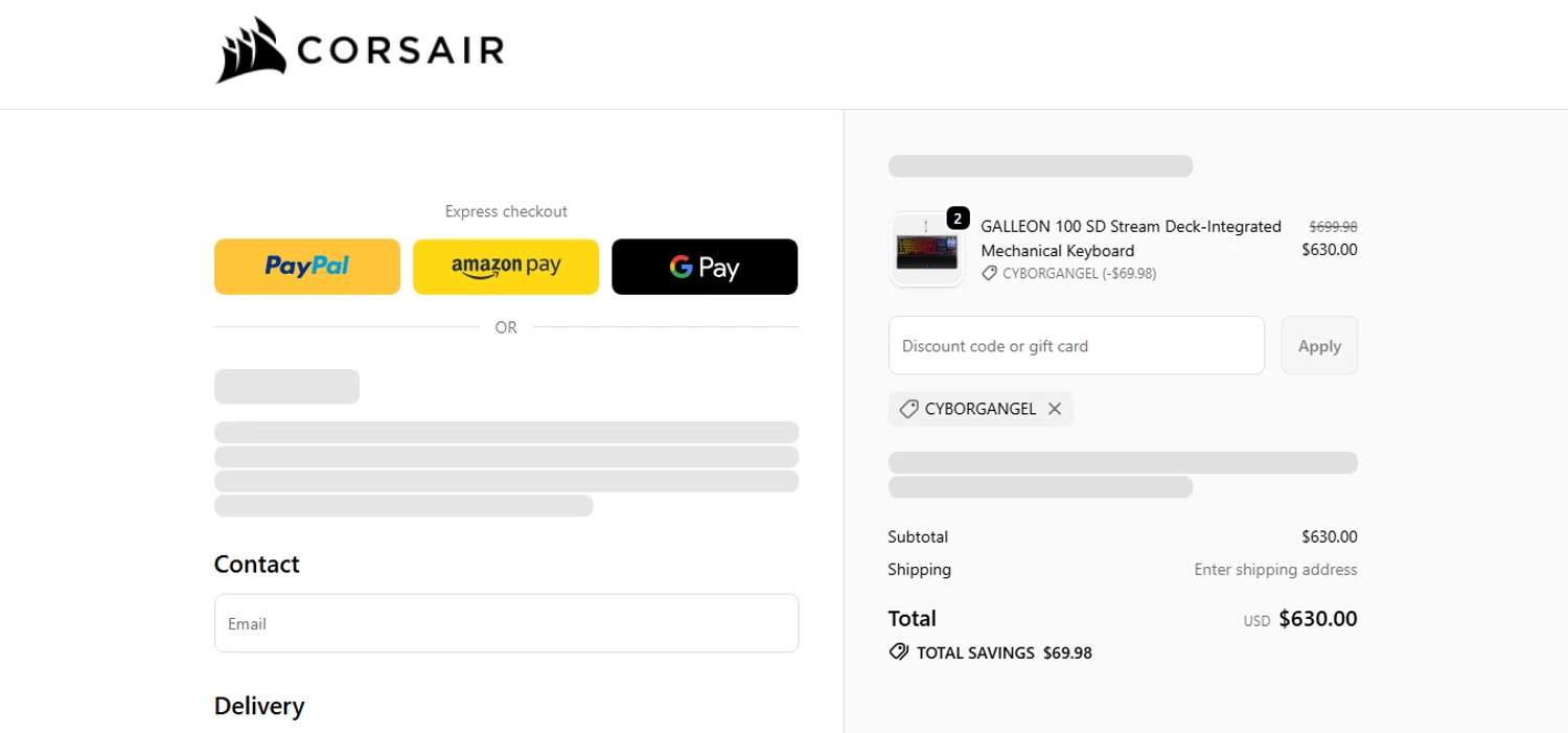 Corsair promo code screenshot showing code CYBORGANGEL applied at Corsair checkout page. Uploaded by SimplyCodes community member CashAce9852 on Jan 7, 2026