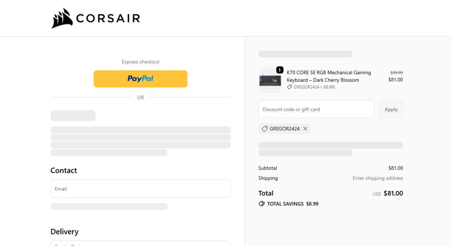 Corsair discount code screenshot showing code gregor2424 applied at Corsair checkout page. Uploaded by SimplyCodes community member Omega77 on Dec 16, 2025
