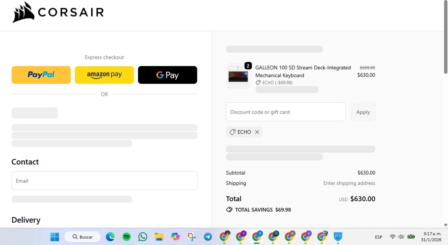 Corsair discount code screenshot showing code ECHO applied at Corsair checkout page. Uploaded by SimplyCodes community member FrugalVirtuoso6318 on Jan 31, 2026