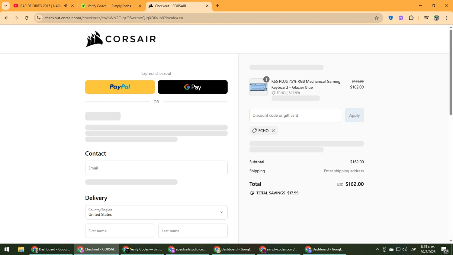 Corsair discount code screenshot showing code ECHO applied at Corsair checkout page. Uploaded by SimplyCodes community member Vanmanuel on Aug 30, 2025