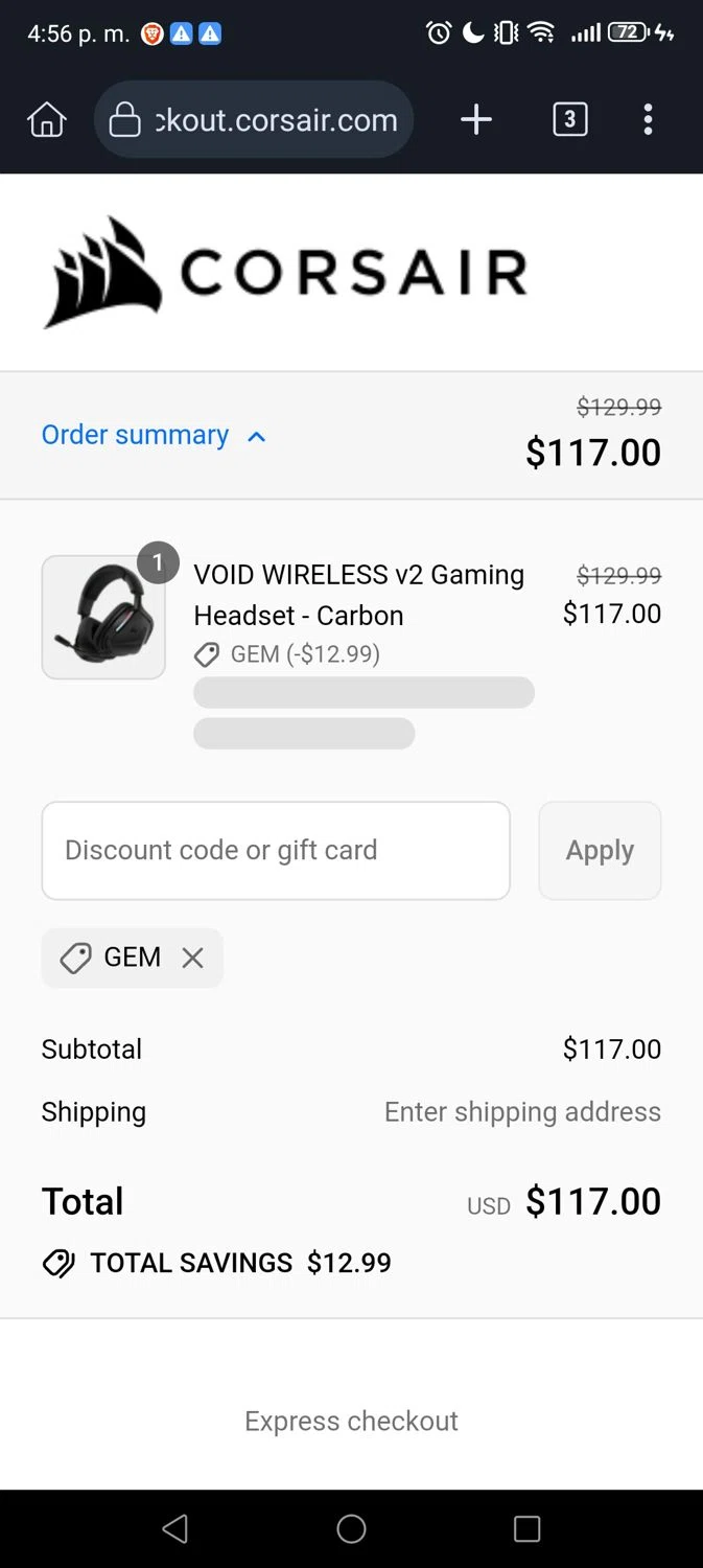 Corsair discount code screenshot showing code GEM applied at Corsair checkout page. Uploaded by SimplyCodes community member George07 on Aug 19, 2025