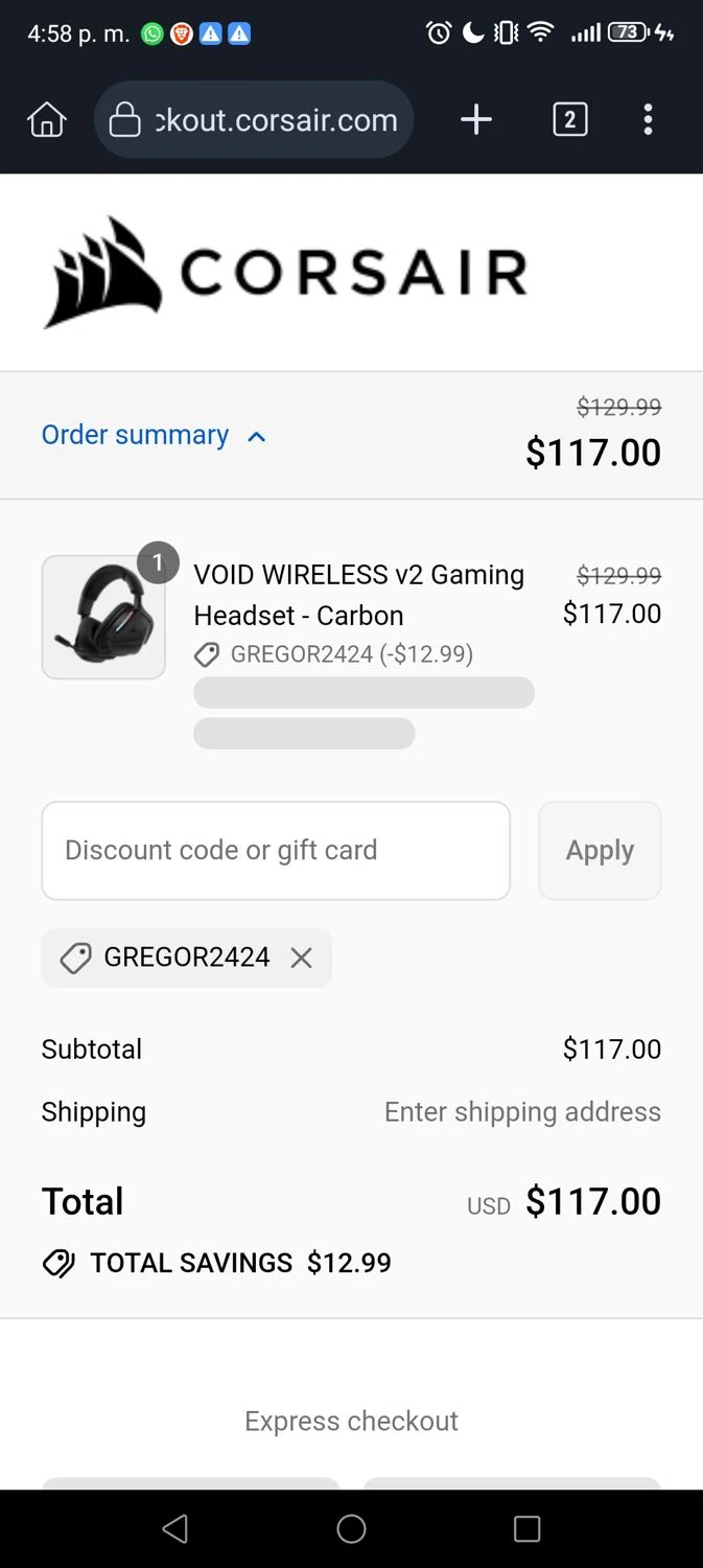 Corsair discount code screenshot showing code gregor2424 applied at Corsair checkout page. Uploaded by SimplyCodes community member George09 on Aug 19, 2025