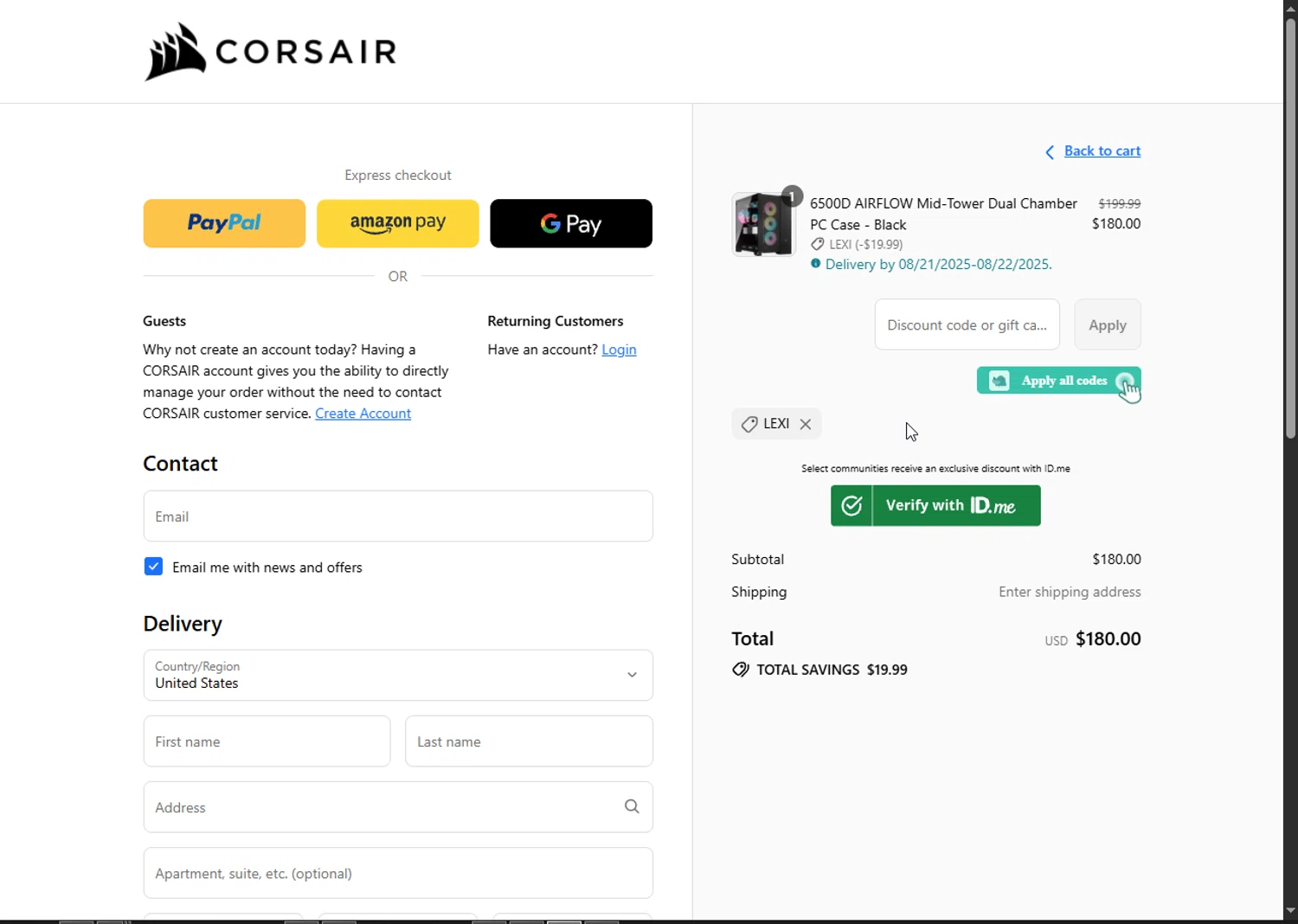 Corsair discount code screenshot showing code LEXI applied at Corsair checkout page. Uploaded by SimplyCodes community member Heibk201 on Aug 19, 2025