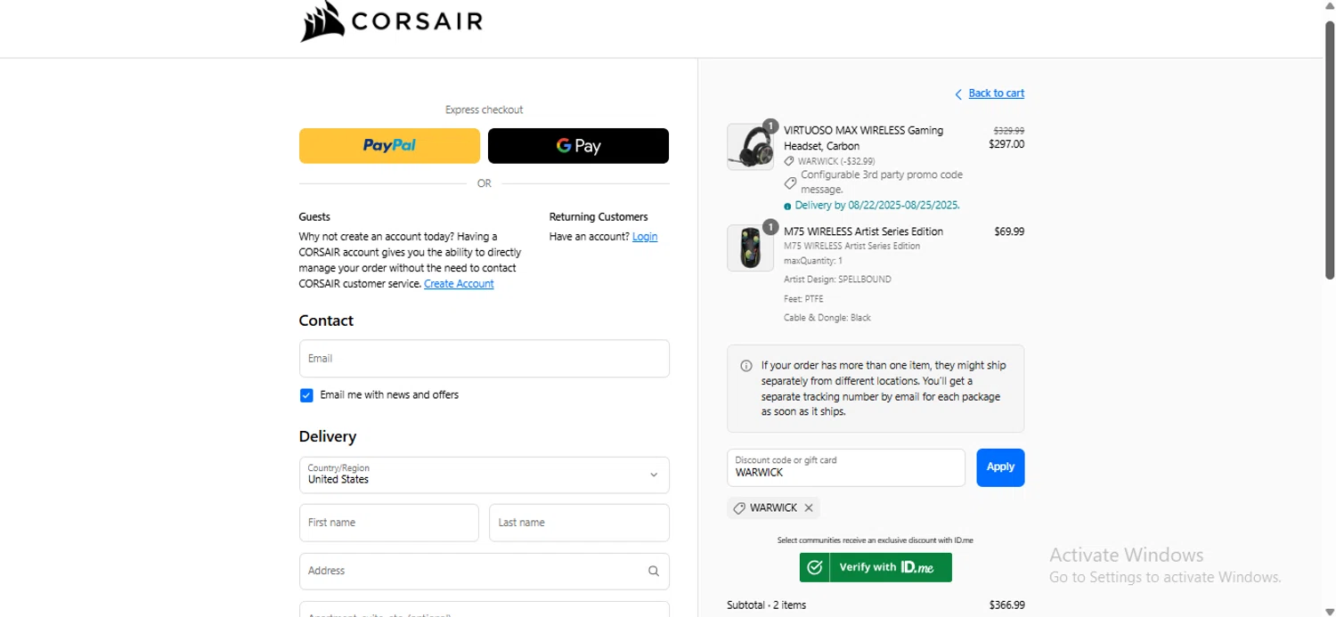 Corsair discount code screenshot showing code WARWICK applied at Corsair checkout page. Uploaded by SimplyCodes community member anosesmith on Aug 19, 2025
