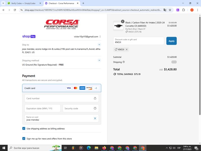 CORSA Performance checkout page showing CORSA Performance discount code box | Screenshot taken by SimplyCodes community member on Jul 27, 2025