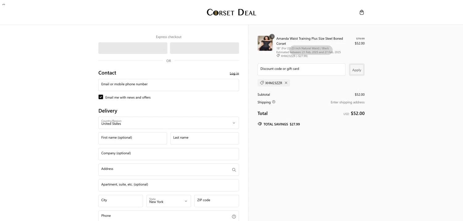 CorsetDeal discount code screenshot showing code XHM23ZZR applied at CorsetDeal checkout page. Uploaded by SimplyCodes community member Baltichiguy on Feb 16, 2025