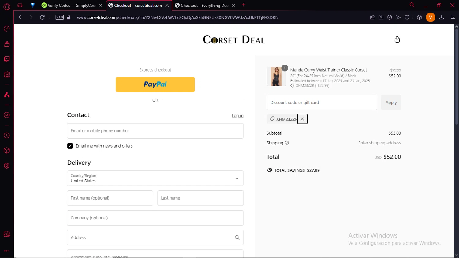 CorsetDeal discount code screenshot showing code XHM23ZZR applied at CorsetDeal checkout page. Uploaded by SimplyCodes community member BrilliantLion4485 on Jan 13, 2025