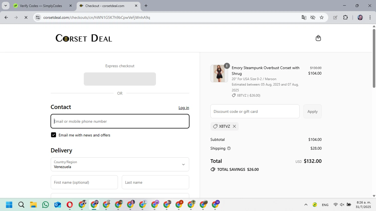 CorsetDeal discount code screenshot showing code XBTVZ applied at CorsetDeal checkout page. Uploaded by SimplyCodes community member MarielisPb on Jul 31, 2025