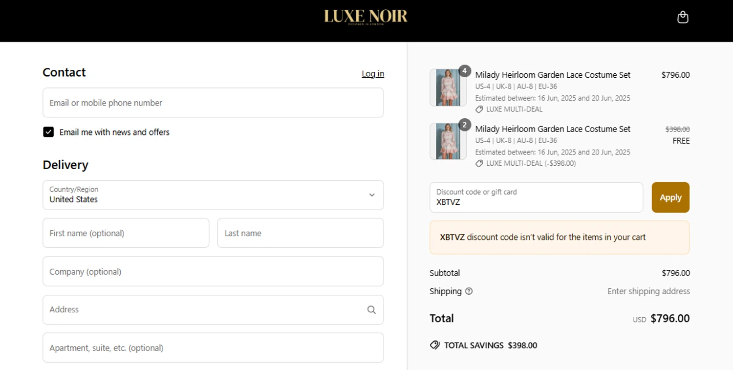 CorsetDeal discount code screenshot showing code XBTVZ applied at CorsetDeal checkout page. Uploaded by SimplyCodes community member Virgii on Jun 11, 2025