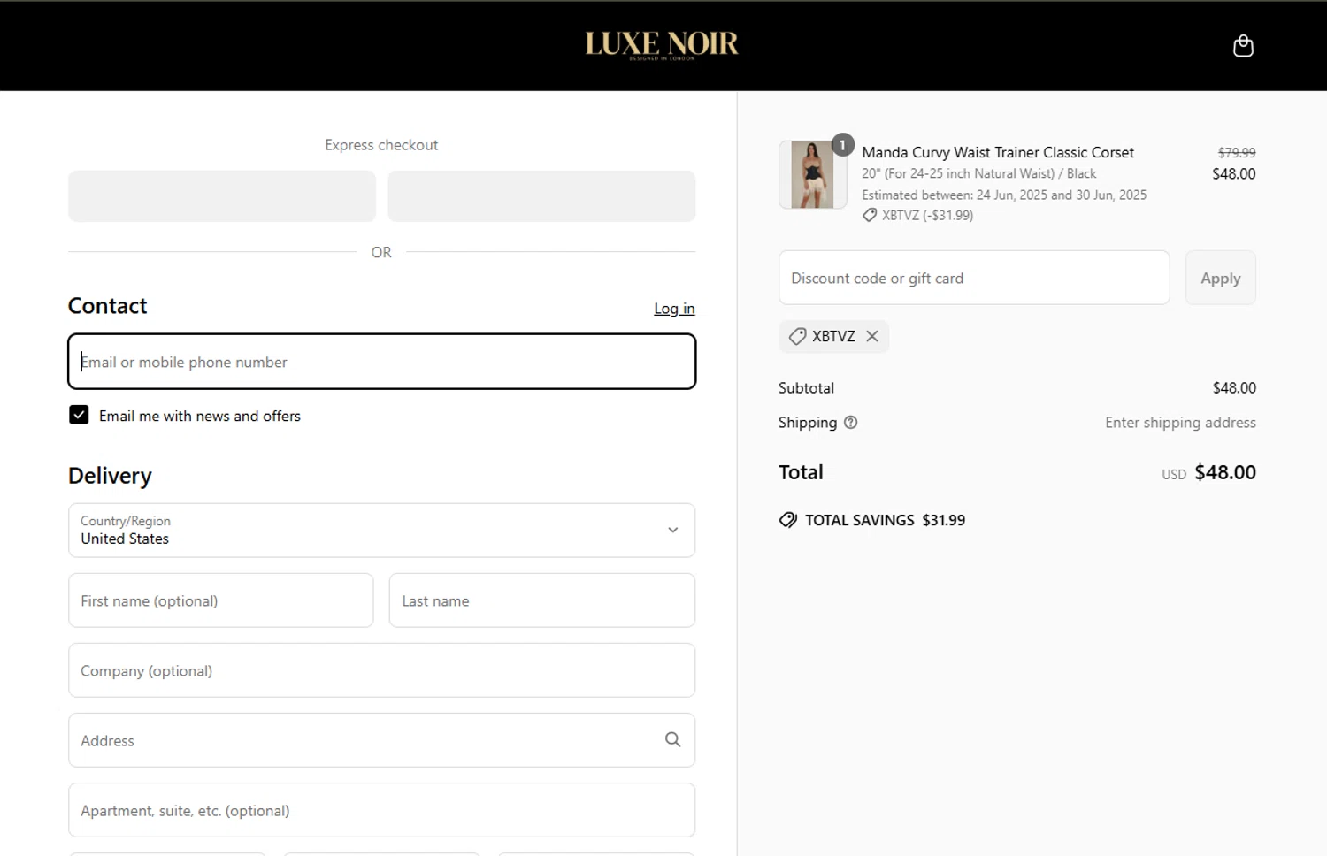 CorsetDeal discount code screenshot showing code XBTVZ applied at CorsetDeal checkout page. Uploaded by SimplyCodes community member joandgray9 on Jun 18, 2025
