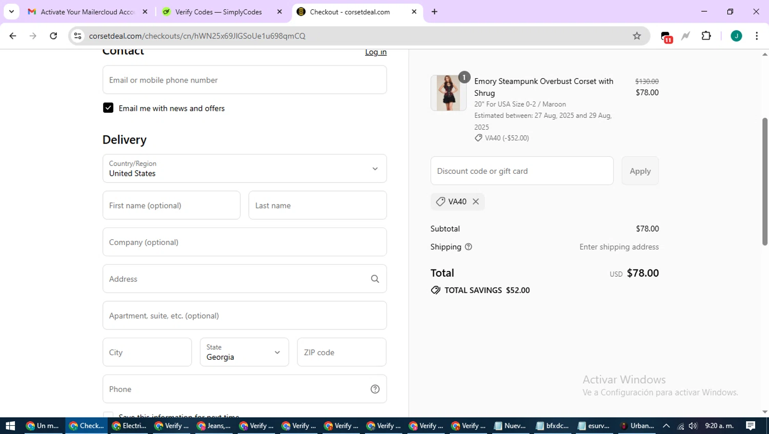 CorsetDeal discount code screenshot showing code VA40 applied at CorsetDeal checkout page. Uploaded by SimplyCodes community member SavvyCurator1770 on Aug 22, 2025