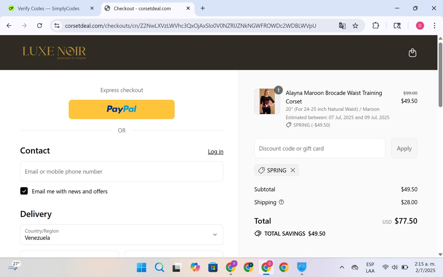 CorsetDeal discount code screenshot showing code SPRING applied at CorsetDeal checkout page. Uploaded by SimplyCodes community member LuckyHero4650 on Jul 2, 2025