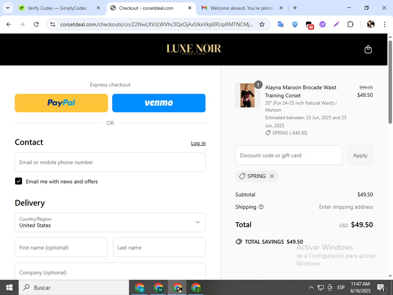 CorsetDeal discount code screenshot showing code SPRING applied at CorsetDeal checkout page. Uploaded by SimplyCodes community member mariapolancog on Jun 18, 2025