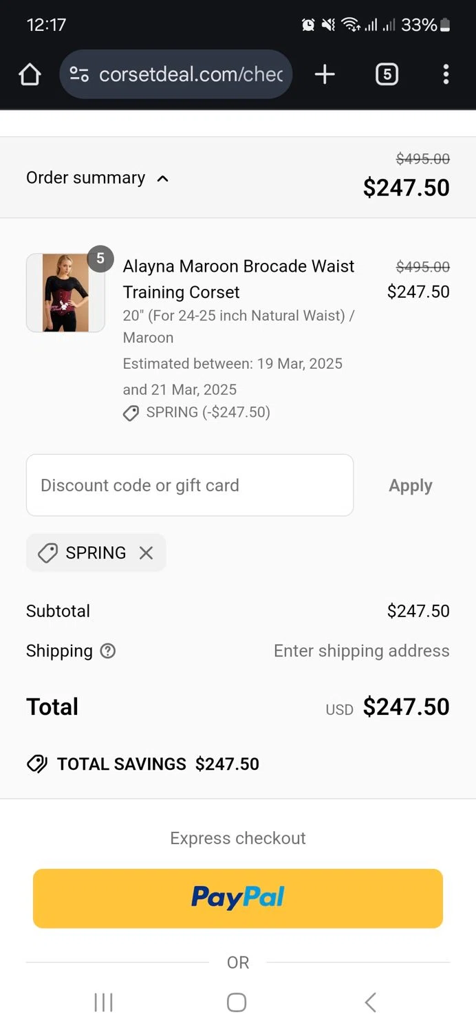 CorsetDeal discount code screenshot showing code SPRING applied at CorsetDeal checkout page. Uploaded by SimplyCodes community member ronyacosta on Mar 14, 2025