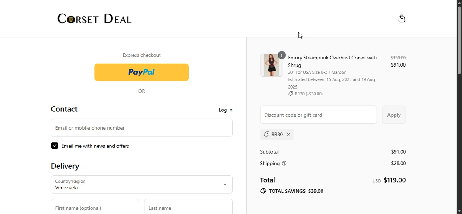 CorsetDeal discount code screenshot showing code BR30 applied at CorsetDeal checkout page. Uploaded by SimplyCodes community member Bendito on Aug 12, 2025