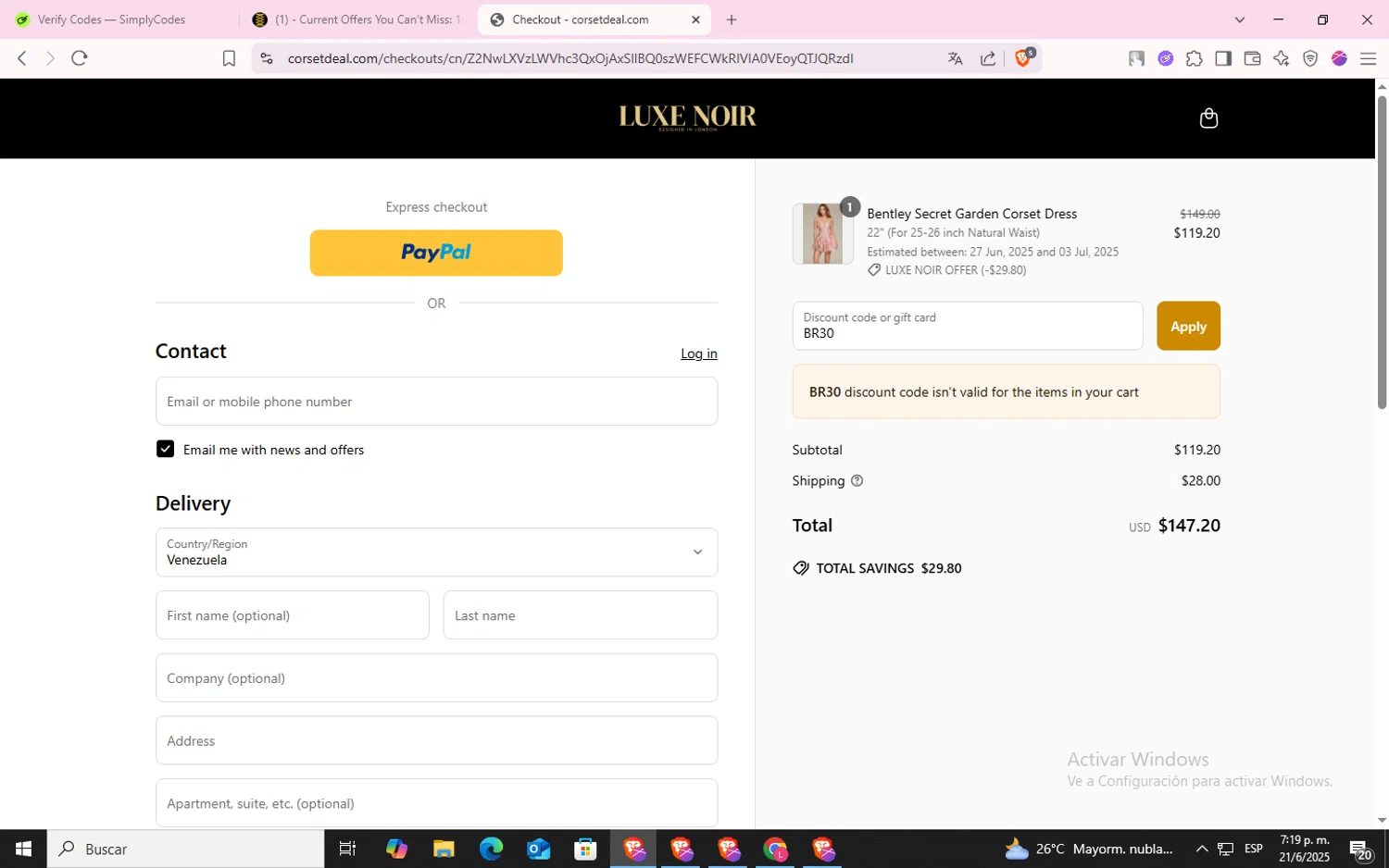CorsetDeal discount code screenshot showing code BR30 applied at CorsetDeal checkout page. Uploaded by SimplyCodes community member CodeLynx5272 on Jun 21, 2025